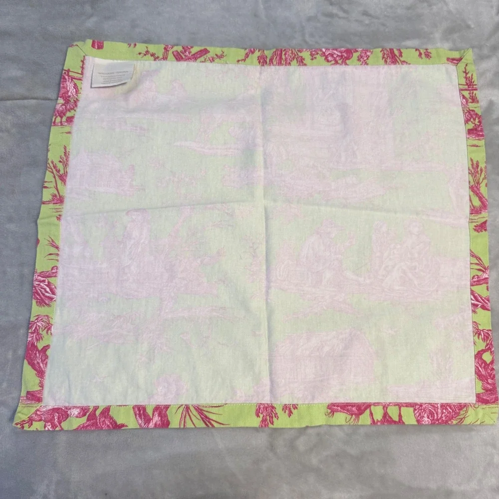 Williams Sonoma Toile Placemats & Napkins Set 8 Pc Green Pink Cotton Table Linen